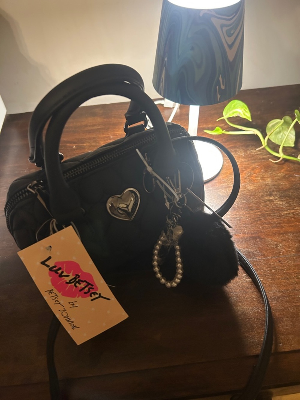 Luv Betsey Black Quilted Mini Satchel with Heart Charm